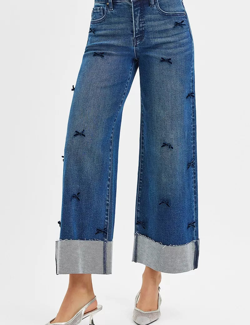 RISEN High Rise Crop Wide Leg Ribbon Detail Jeans | Jeans Daverri Fashions