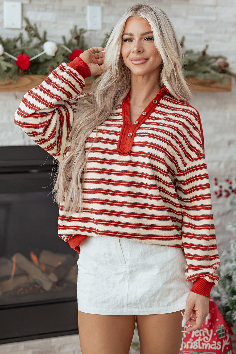 Striped Buttoned V Neck Collared Drop Shoulder Top | Tops/Long Sleeve Tops Daverri Fashions