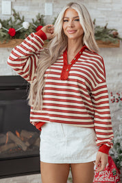 Striped Buttoned V Neck Collared Drop Shoulder Top | Tops/Long Sleeve Tops Daverri Fashions