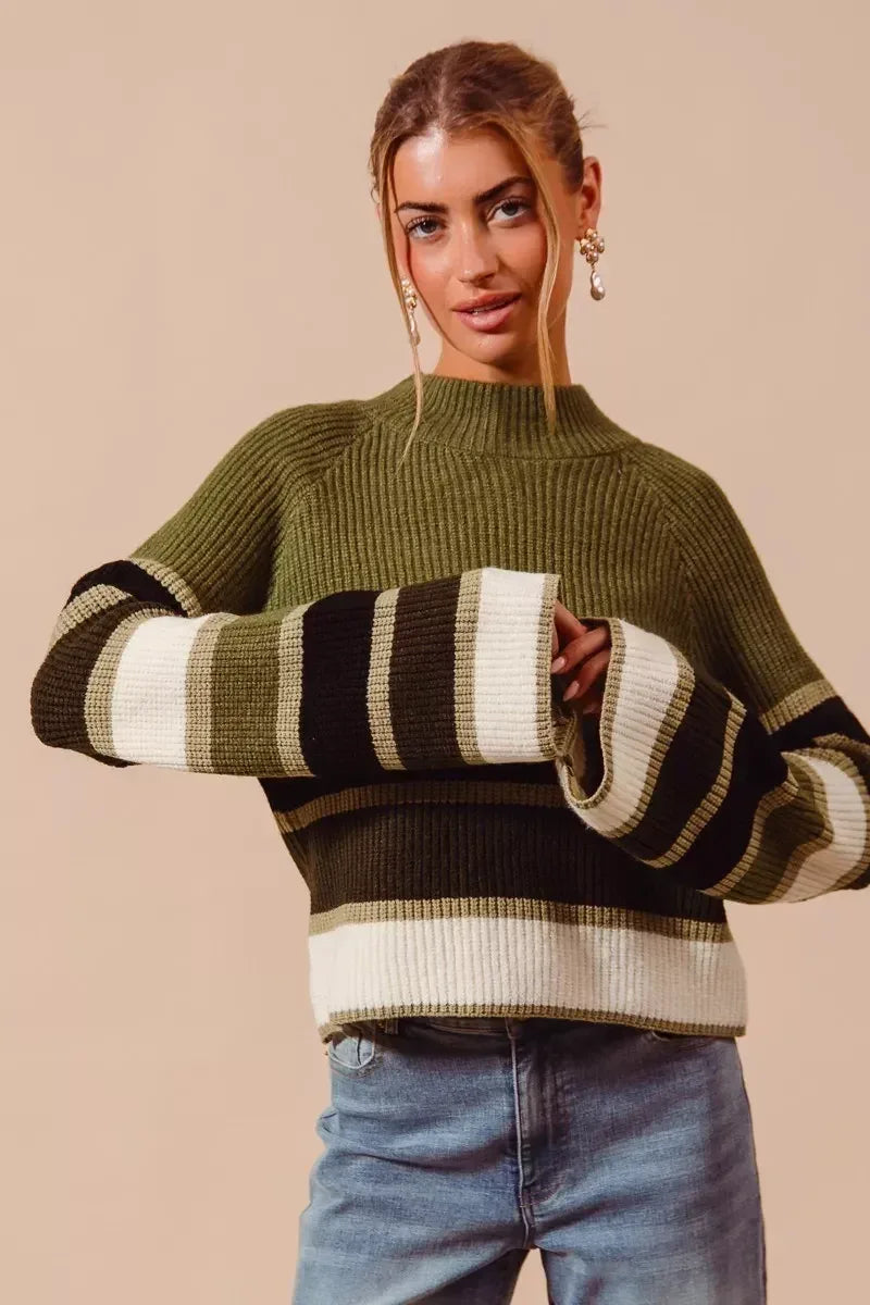 SO ME Multi Color Striped Mock Neck Sweater - DAVERRI FASHIONS