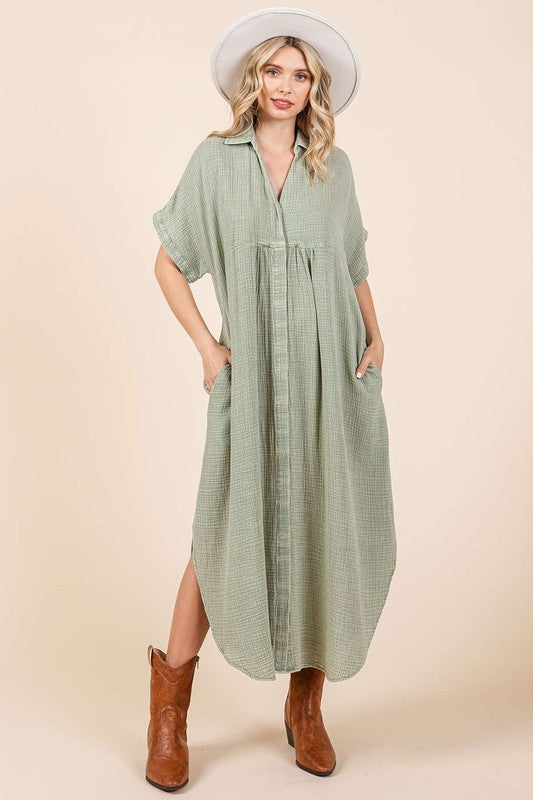 Mittoshop Mineral Wash V Neck Button Up Midi Shirt Dress Sage Midi Dresses