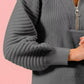 SO ME Half Zip Raglan Balloon Sleeves Ribbed Sweater - DAVERRI FASHIONS