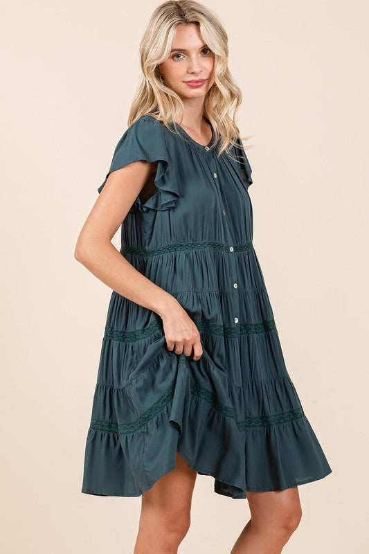 Mittoshop Deep Teal Lace Detail Ruffled Button Down Tiered Dress