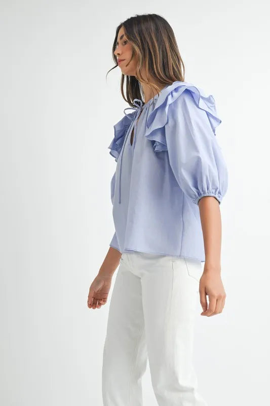 MABLE Stripe Ruffle Shoulder Puff Sleeve Blouse Blouses