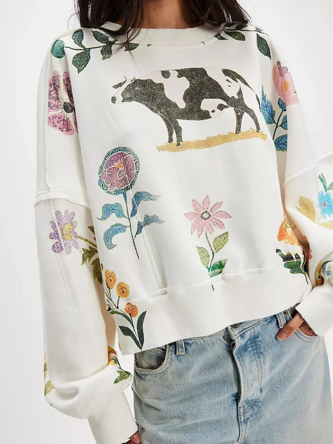 Multicolor Printed Round Neck Dropped Shoulder Sweatshirt | Sweatshirts Daverri Fashions