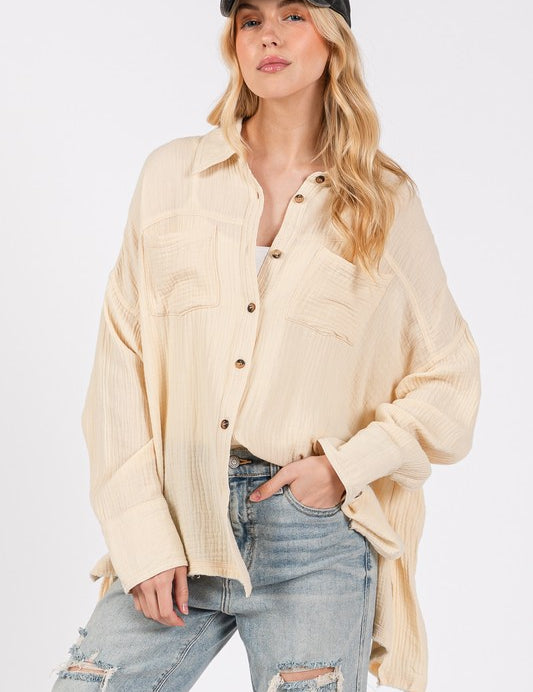 SAGE + FIG Frayed Hem Side Slit Button Down Shirt Natural