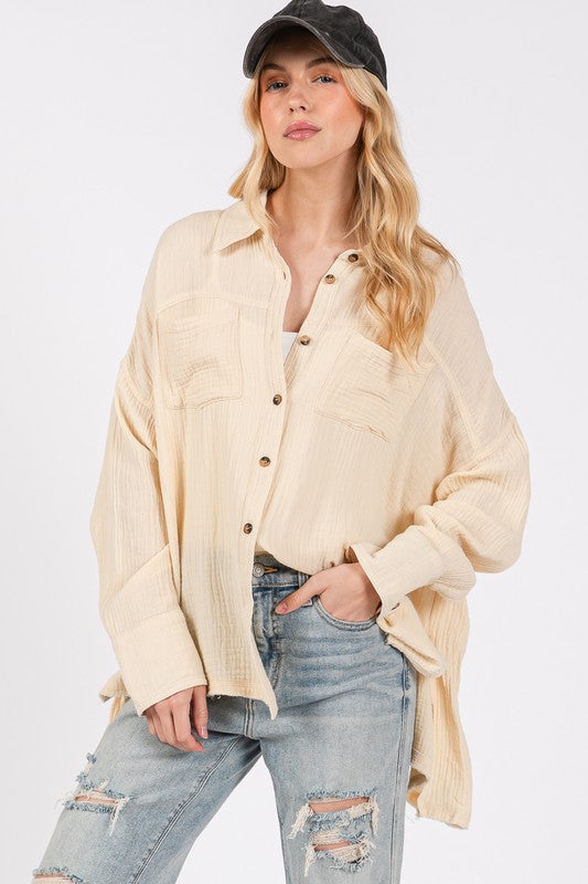 SAGE + FIG Frayed Hem Side Slit Button Down Shirt Natural