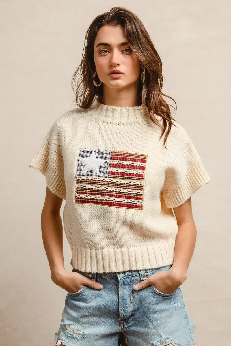 BiBi American Flag Patchwork Drop Shoulder Sweater - DAVERRI FASHIONS