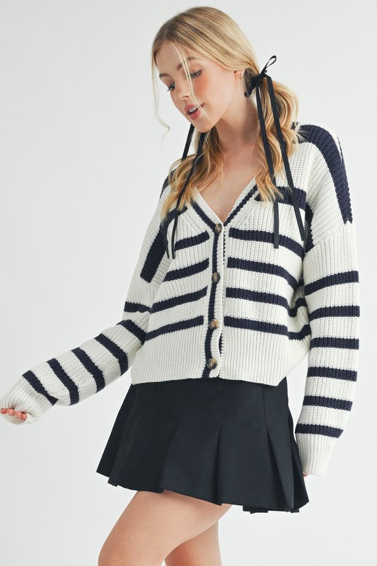 Aemi + Co Striped V-Neck Button Down Cardigan