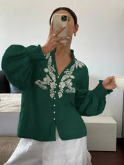 Daverri Fashions Embroidered Notched Long Sleeve Blouse - DAVERRI FASHIONS