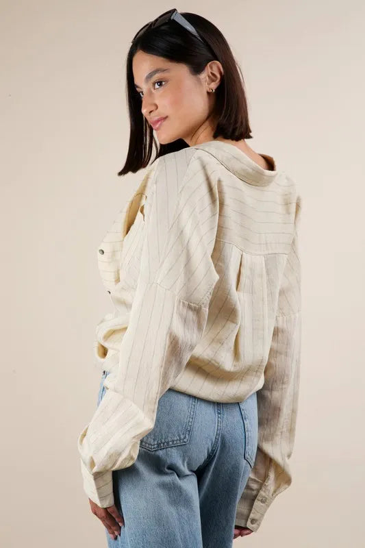 VERY J Full Size Oversized Striped Button Down Shirt Top Plus Size | Shirts Daverri Fashions