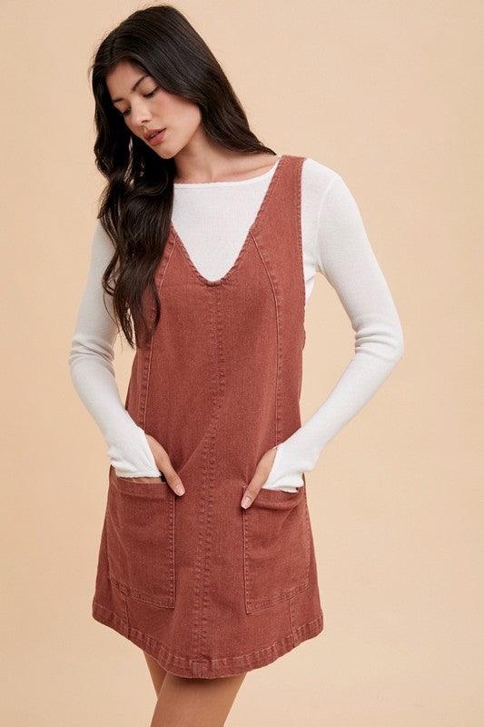 Annie Wear V-Neck Adjustable Strap Denim Overall Dress with Pockets Rust Tops
