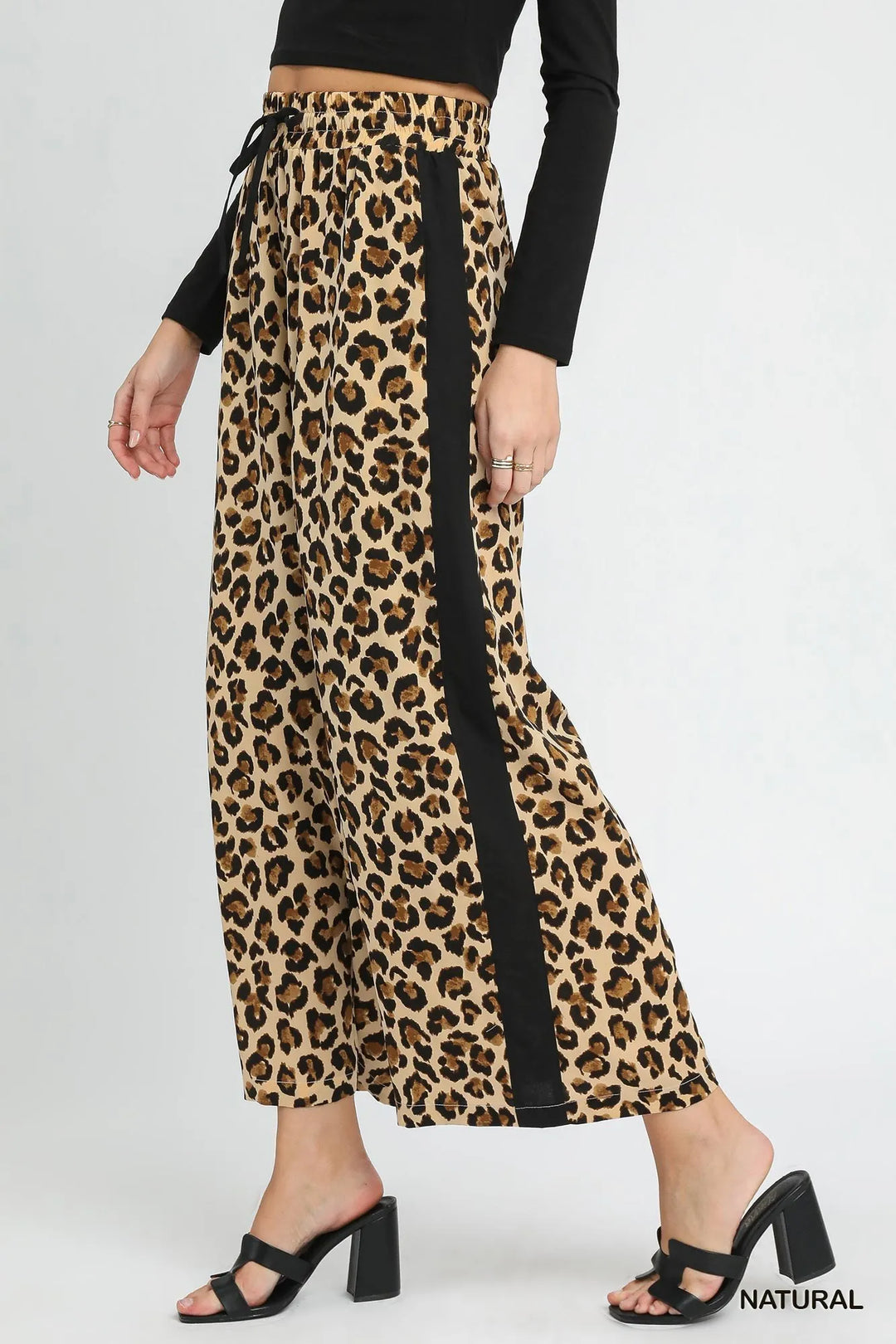 Umgee Leopard Print Wide-Leg Drawstring Pants Pants