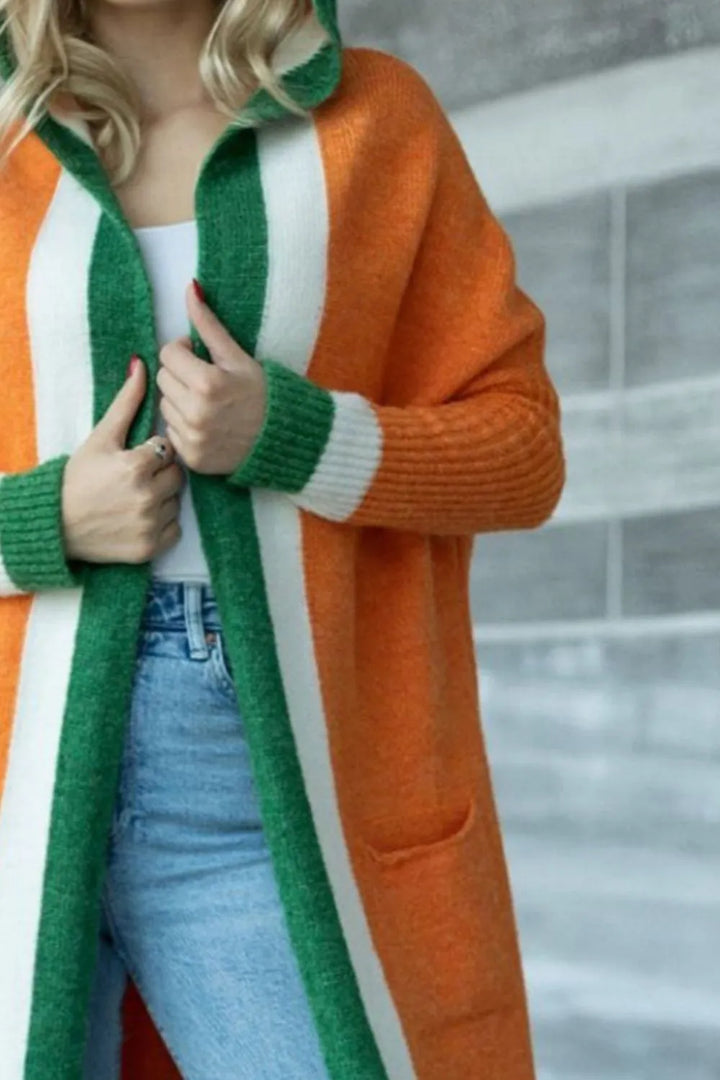 Pocketed Contrast Long Sleeve Hooded Cardigan | Cardigans Daverri Fashions
