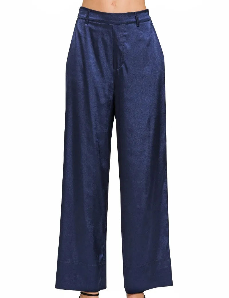 NAVY M Zenana Wide-Leg Satin Pants Navy | Pants Daverri Fashions