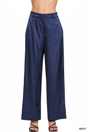 NAVY M Zenana Wide-Leg Satin Pants Navy | Pants Daverri Fashions