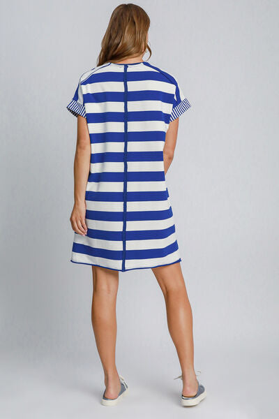 Umgee Peace Applique Striped Short Sleeve Mini Dress Mini Dresses