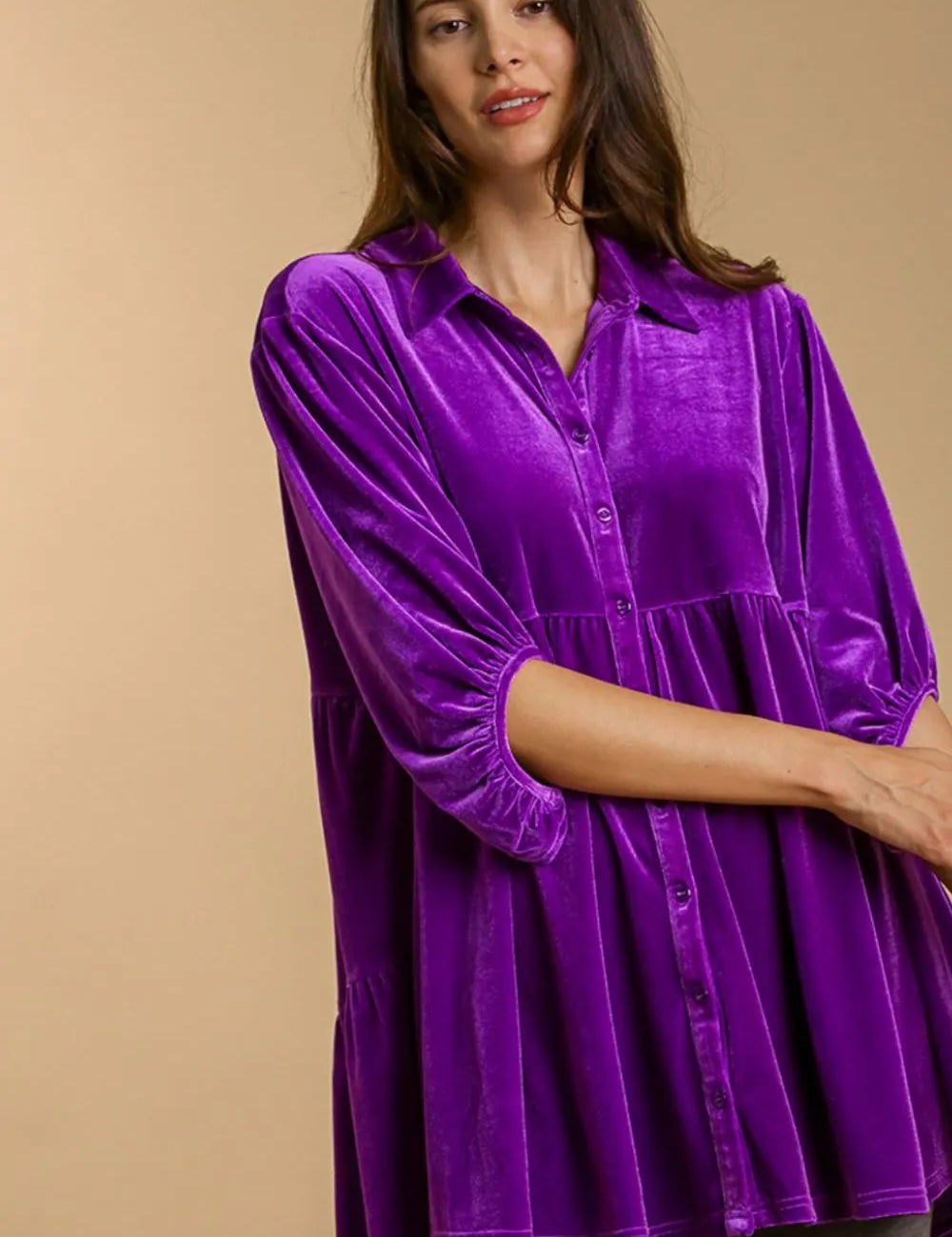 Violet Umgee Full Size Button Down Tiered Back High Low Shirt | Daverri Fashions