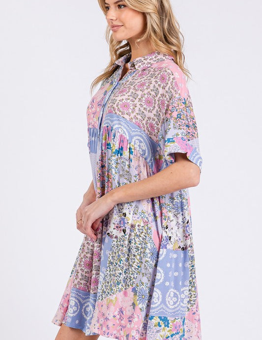 SAGE + FIG Floral Collared Neck Half Sleeve Mini Shirt Dress