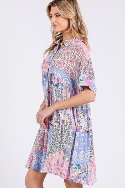 SAGE + FIG Floral Collared Neck Half Sleeve Mini Shirt Dress Mini Dresses