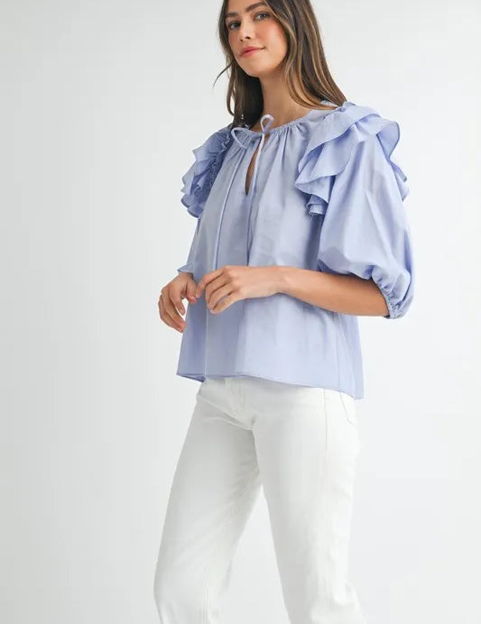 MABLE Stripe Ruffle Shoulder Puff Sleeve Blouse | Blouses Daverri Fashions