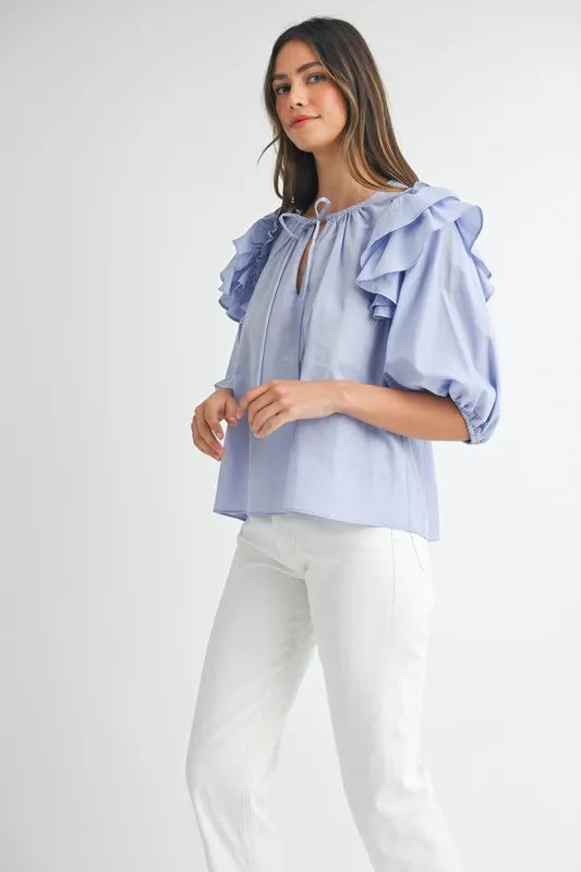 MABLE Stripe Ruffle Shoulder Puff Sleeve Blouse Blouses