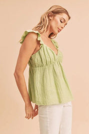 Aemi + Co Sweetheart Neck Ruffled Strap Top Yellow Green | Tops Daverri Fashions