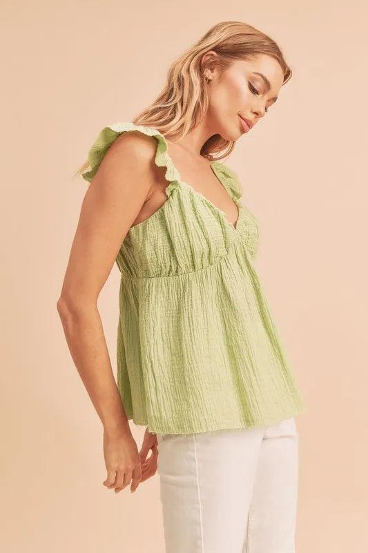 Aemi + Co Sweetheart Neck Ruffled Strap Top Yellow Green | Tops Daverri Fashions