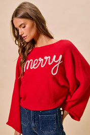 SO ME Merry Tinsel Lettering Christmas Sweater Top Red | Sweaters Daverri Fashions
