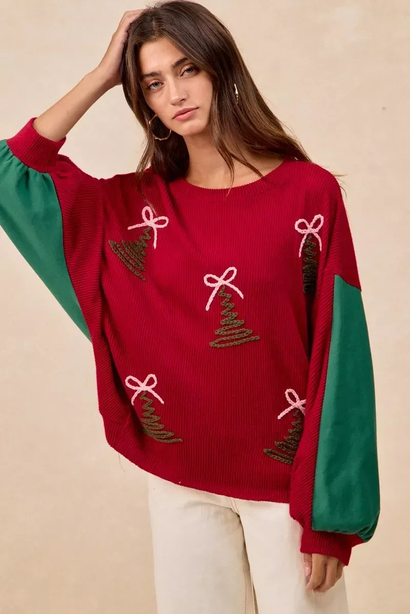 BiBi Christmas Theme Tree Embroidered Sweater - DAVERRI FASHIONS