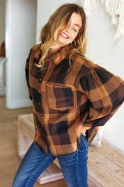Rock'n Plaid Camel & Charcoal Button Down Oversized Shirt | Daverri Fashions