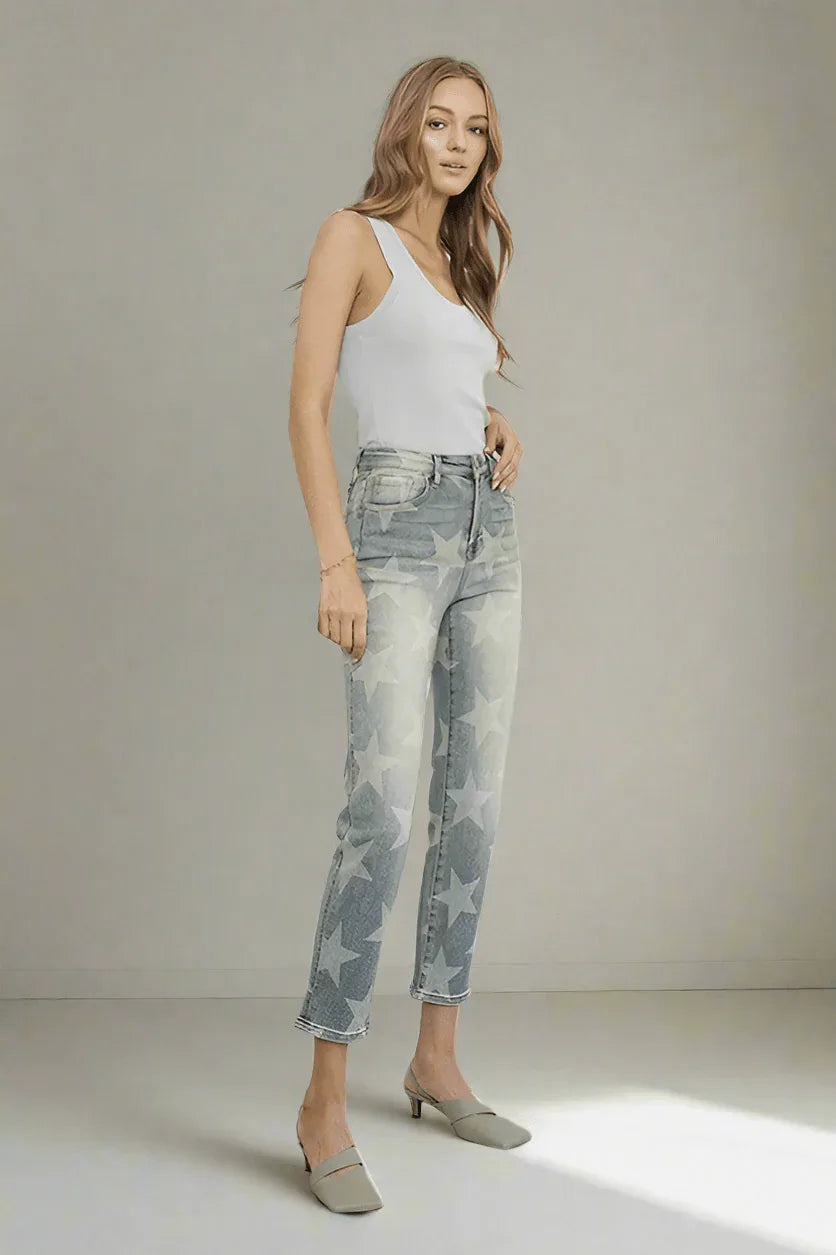 Insane Gene High Rise Star Print Cropped Girlfriend Jeans - DAVERRI FASHIONS