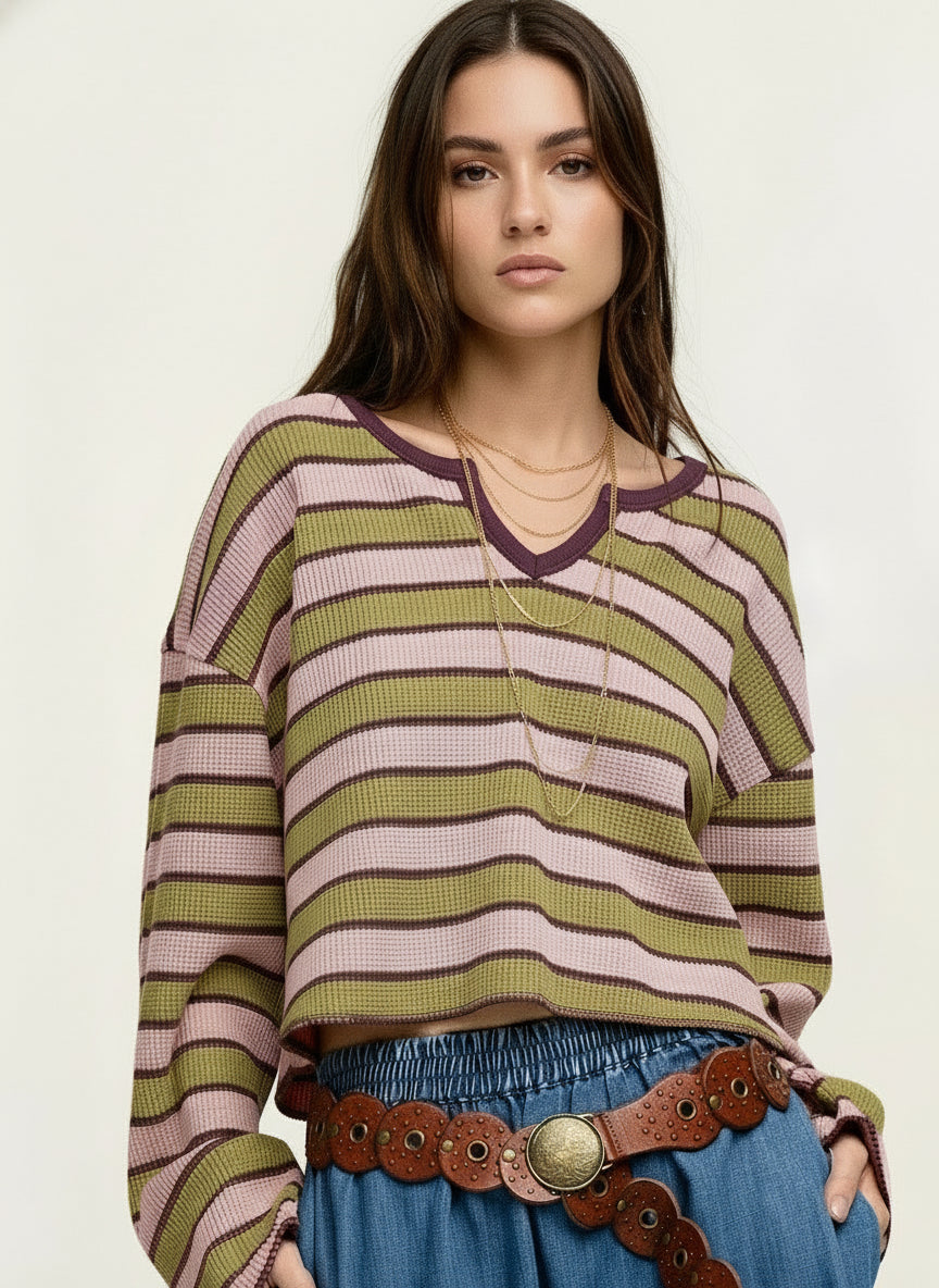 Daverri Fashions pink green striped v-neck waffle texture long sleeve top