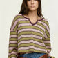 Daverri Fashions Striped Waffle Texture Notched Neck Long Sleeve Top - DAVERRI FASHIONS
