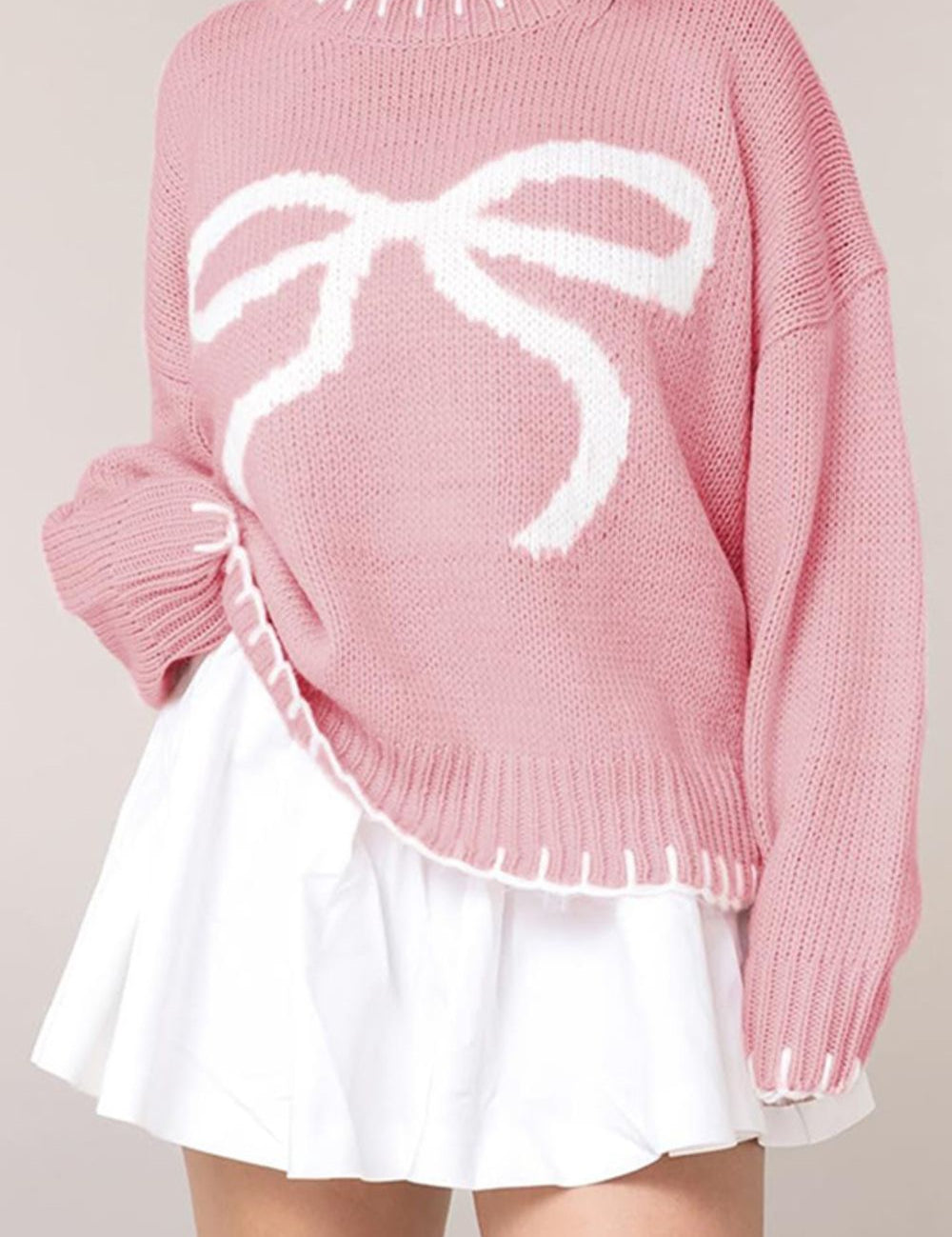 Bow Graphic Round Neck Long Sleeve Sweater | Sweaters Daverri Fashions