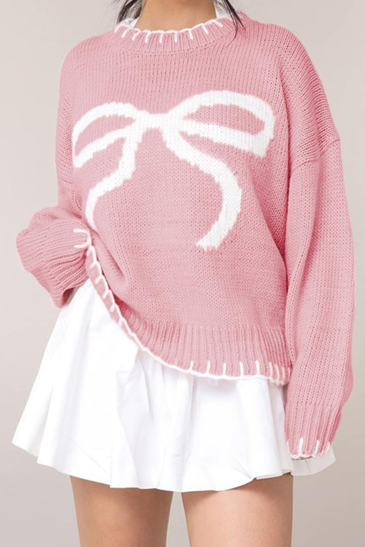 Bow Graphic Round Neck Long Sleeve Sweater | Sweaters Daverri Fashions