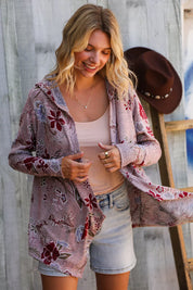 Find Love Bronze Long Sleeve Floral Print Open Cardigan Hoodie | Daverri Fashions