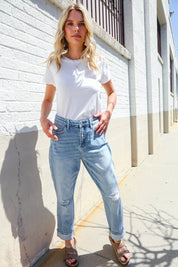 Judy Blue High-Rise Boyfriend Cuffed Hem Star Pocket Jeans | Daverri Fashions