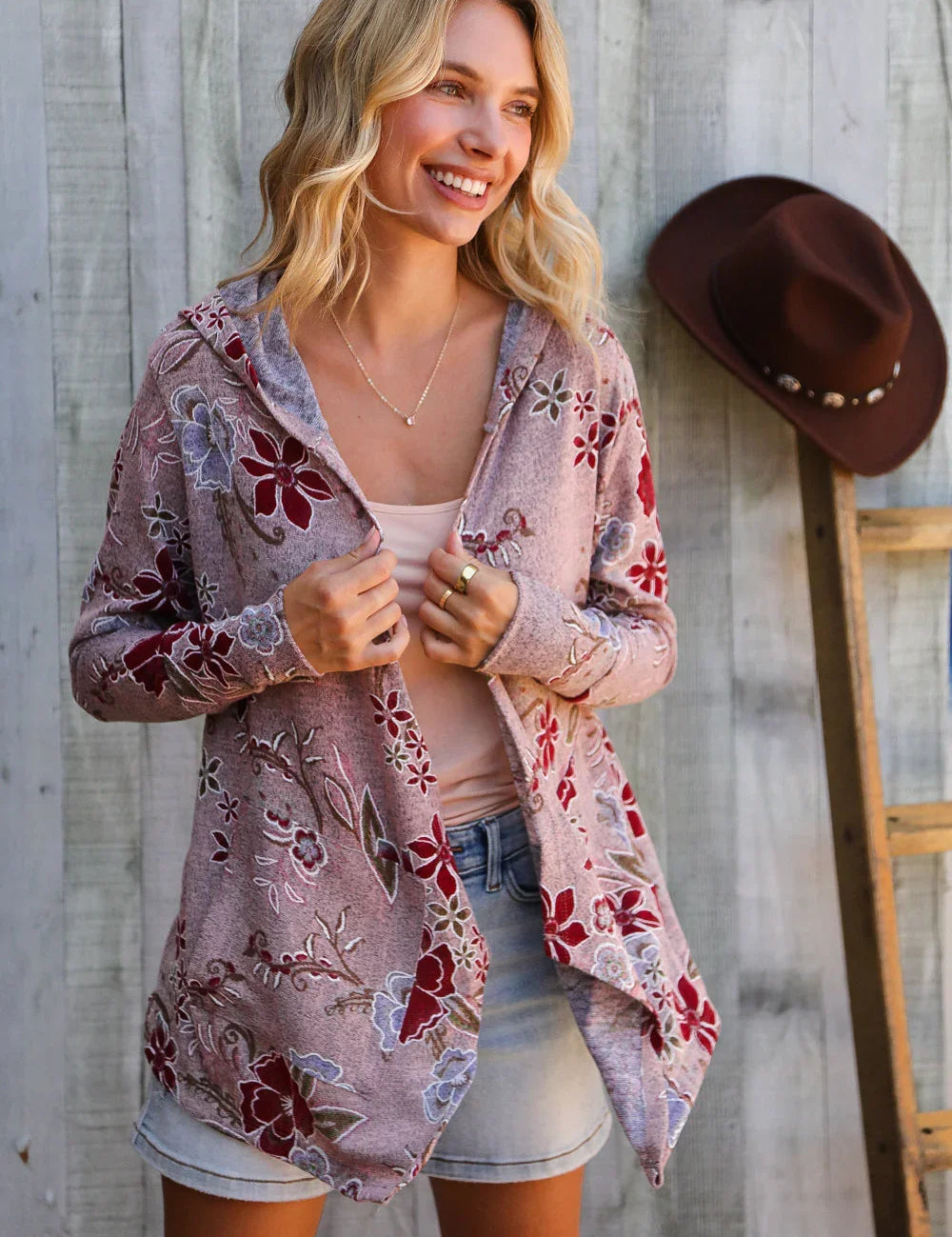 Find Love Bronze Long Sleeve Floral Print Open Cardigan Hoodie | Daverri Fashions