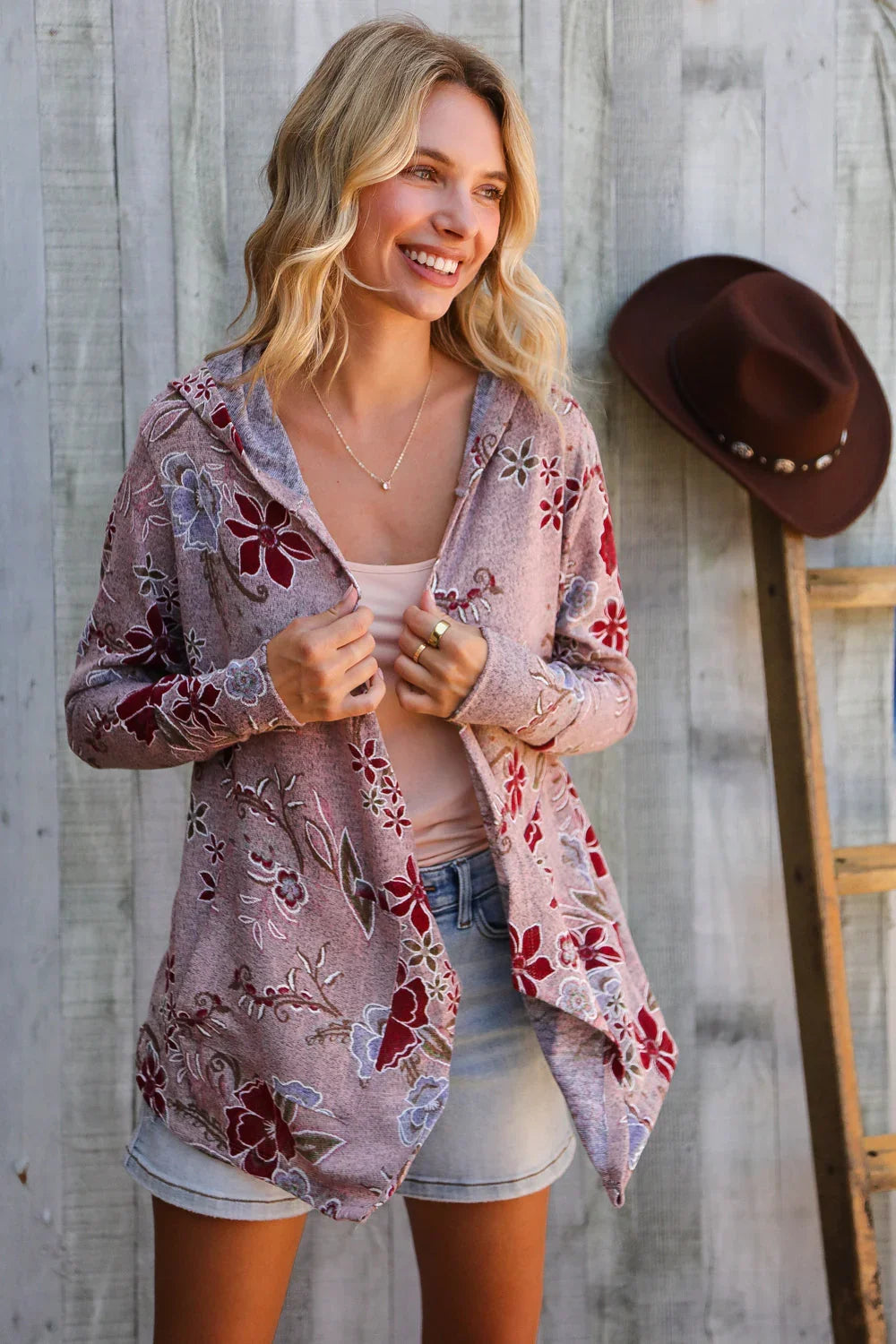 Find Love Bronze Long Sleeve Floral Print Open Cardigan Hoodie | Daverri Fashions