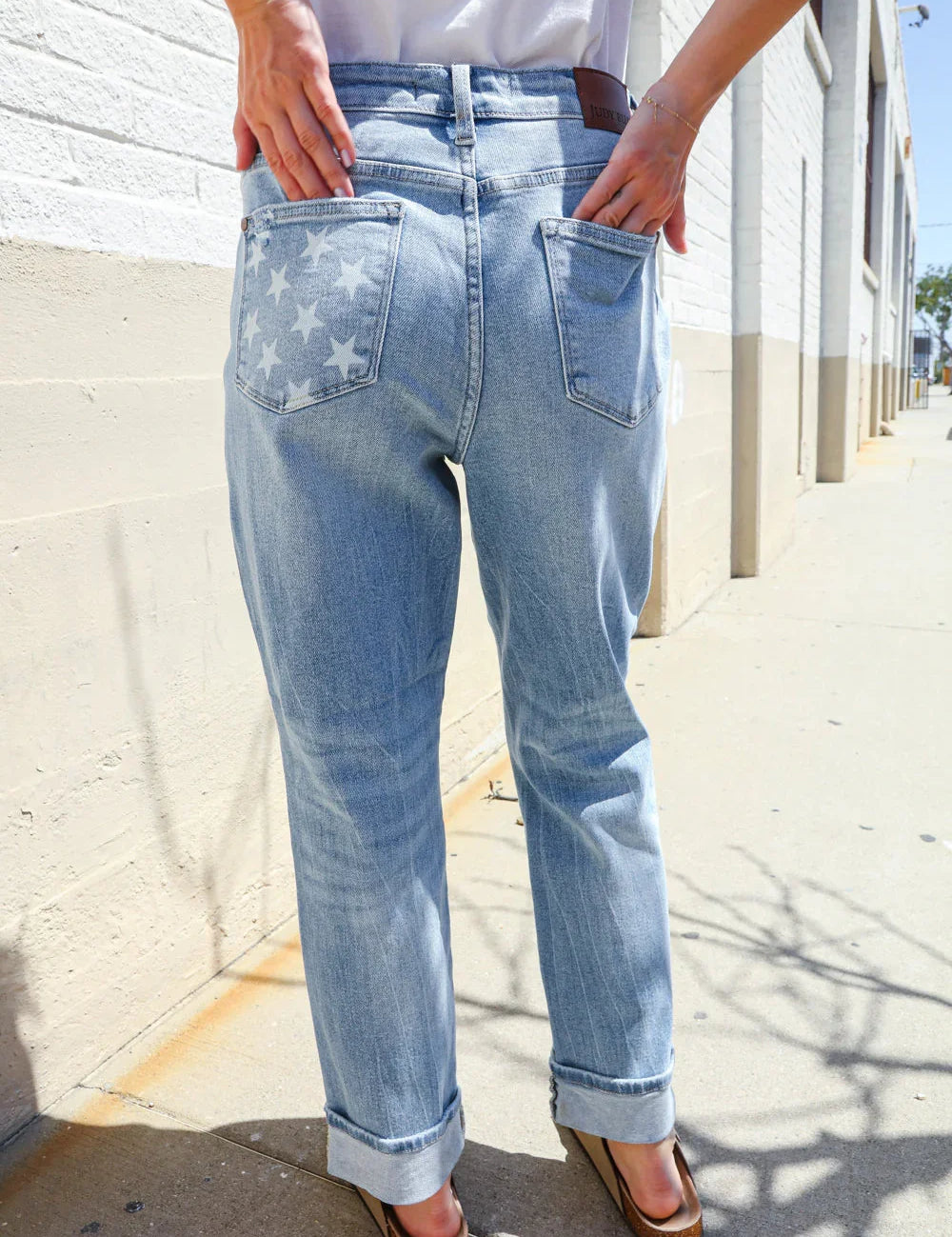 Judy Blue High-Rise Boyfriend Cuffed Hem Star Pocket Jeans | Daverri Fashions