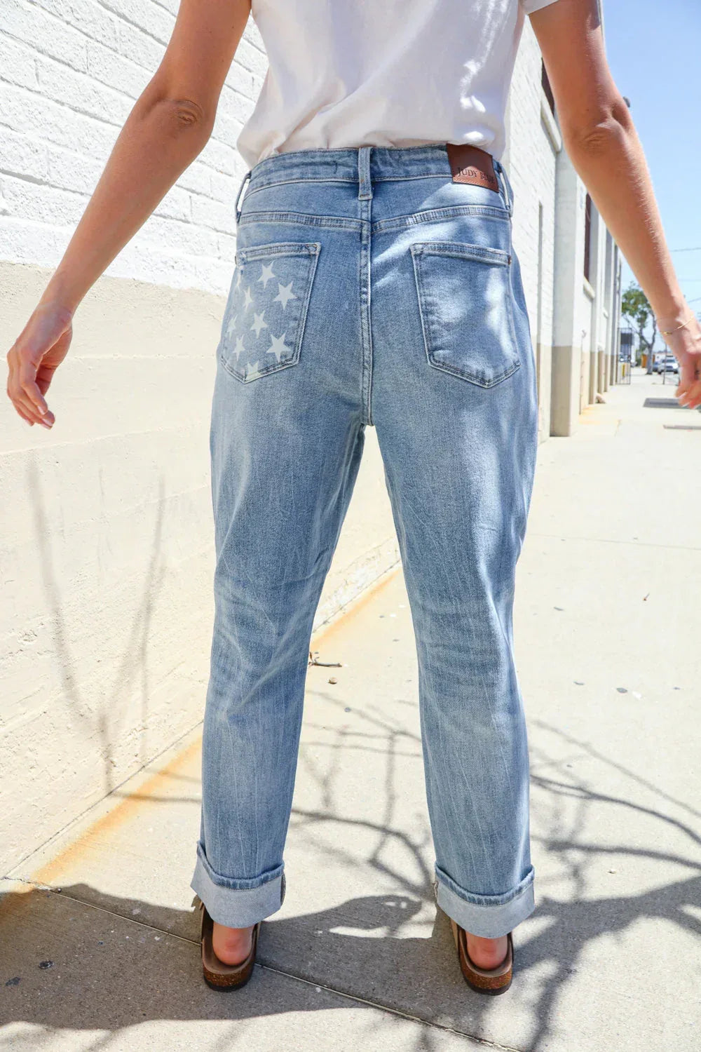Judy Blue High-Rise Boyfriend Cuffed Hem Star Pocket Jeans - DAVERRI FASHIONS