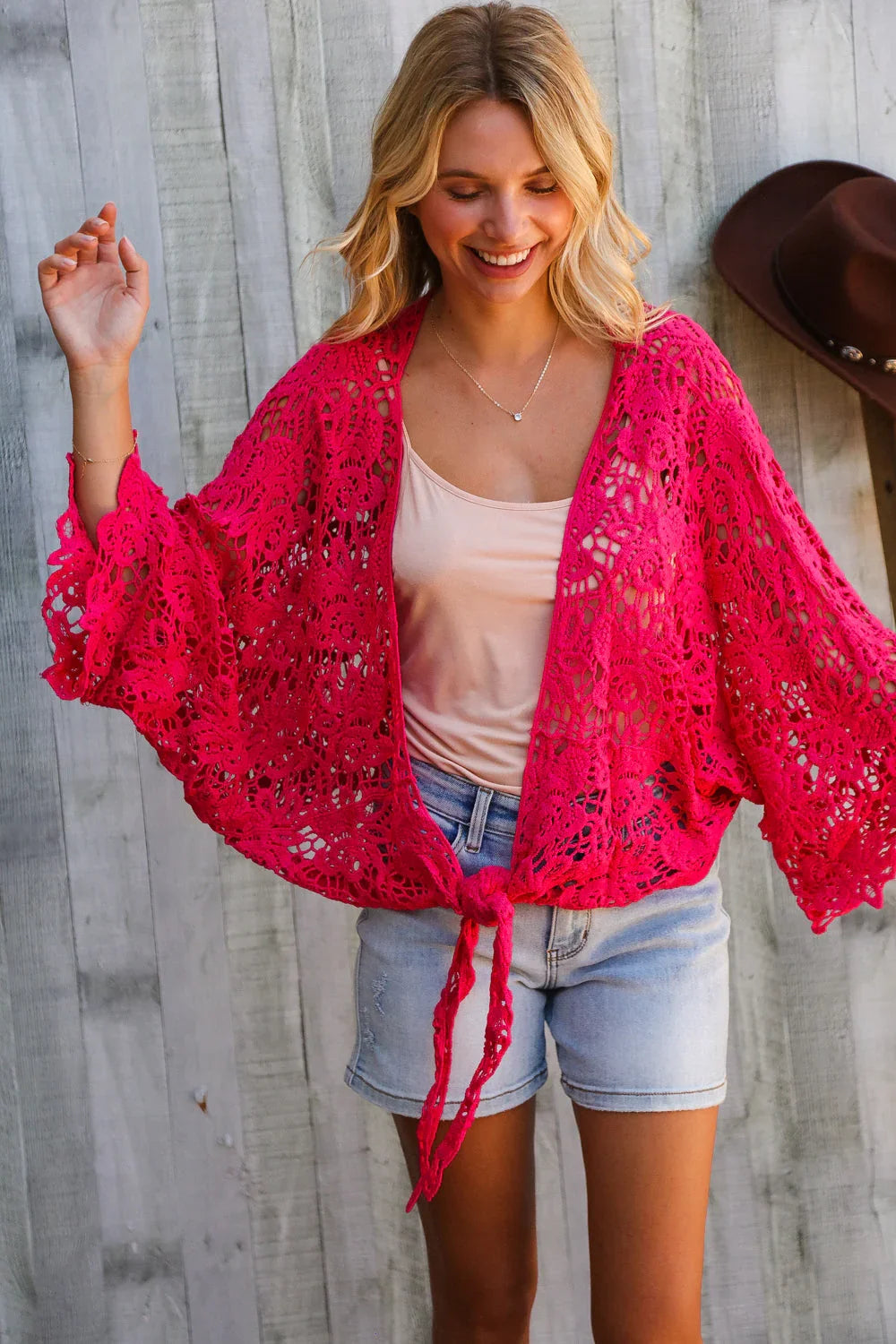 Beautiful You Fuchsia Crochet Front Tie Bell Sleeve Cardigan | Daverri Fashions
