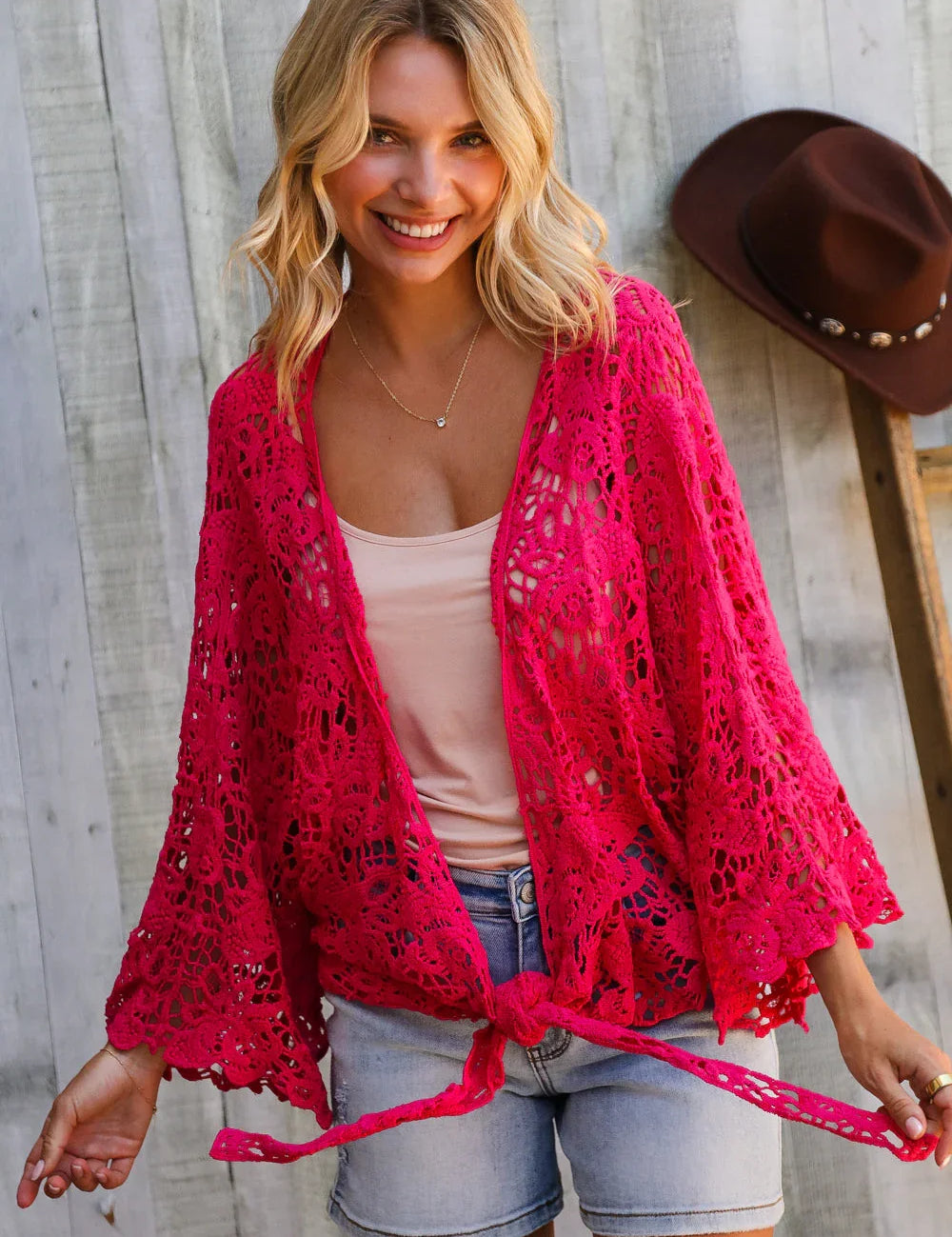 Beautiful You Fuchsia Crochet Front Tie Bell Sleeve Cardigan | Daverri Fashions