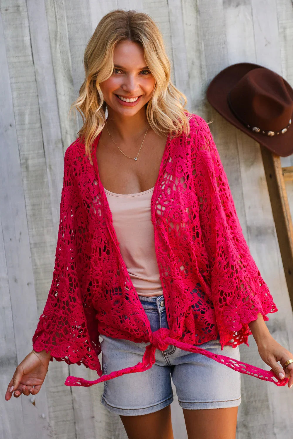 Beautiful You Fuchsia Crochet Front Tie Bell Sleeve Cardigan | Daverri Fashions