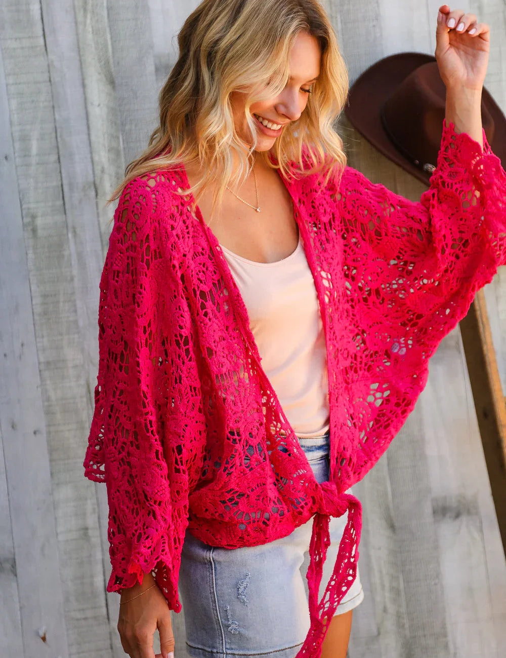 Beautiful You Fuchsia Crochet Front Tie Bell Sleeve Cardigan | Daverri Fashions