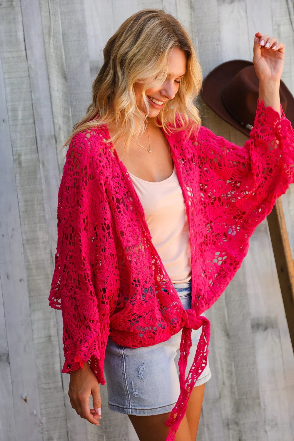 Beautiful You Fuchsia Crochet Front Tie Bell Sleeve Cardigan | Daverri Fashions