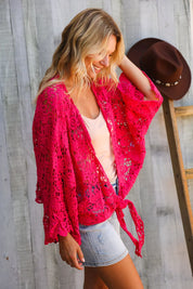 Beautiful You Fuchsia Crochet Front Tie Bell Sleeve Cardigan | Daverri Fashions