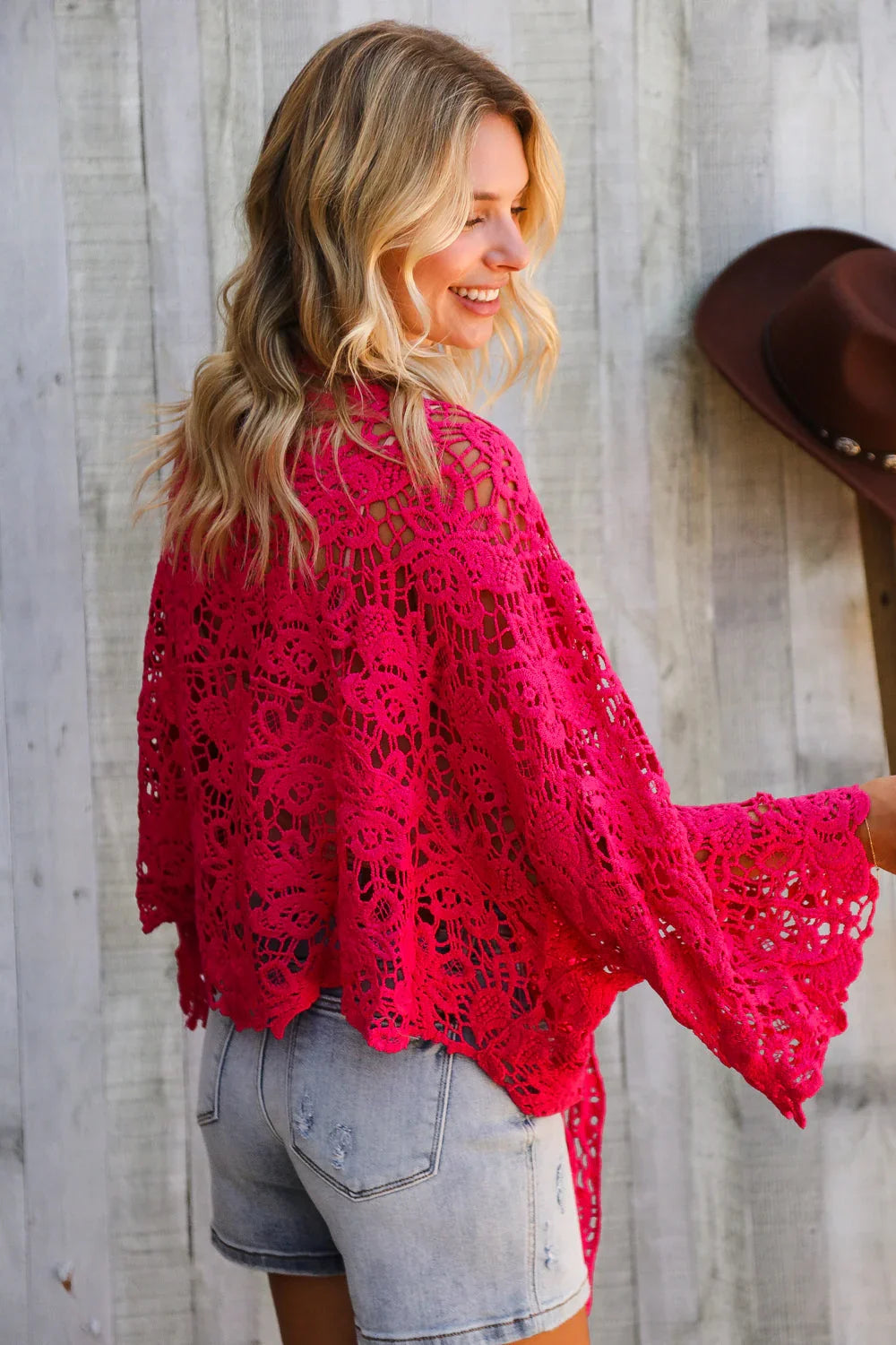Beautiful You Fuchsia Crochet Front Tie Bell Sleeve Cardigan | Daverri Fashions