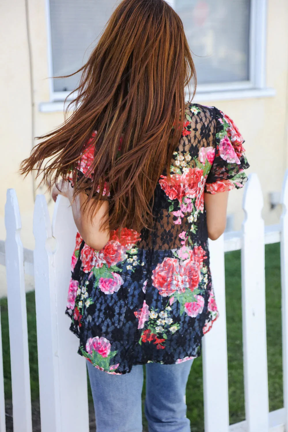 Diva Dreams Black Multicolor Floral Crochet Flutter Sleeve Top | Daverri Fashions